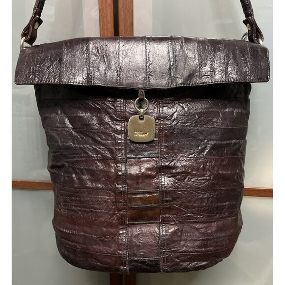 Trio! Mahogany Genuine Eel Skin Vintage Flap Zip Bucket Shoulder Bag Purse - Picture 1 of 11